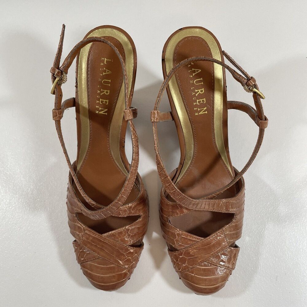 Womens Size 6 Ralph Lauren Brown Slingback Closed Toe Wedge Heel Snakeskin - Picture 4 of 16